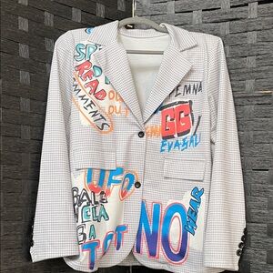 Graphic Check Blazer with Colorful Artwork